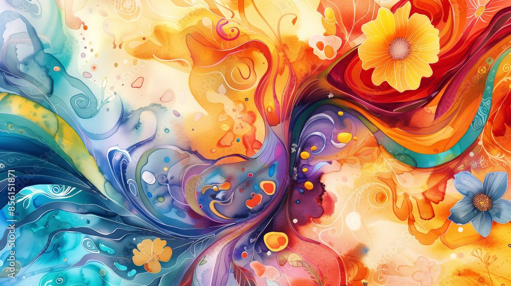 Wall mural Vibrant floral abstract art with swirling patterns, colorful illustration.