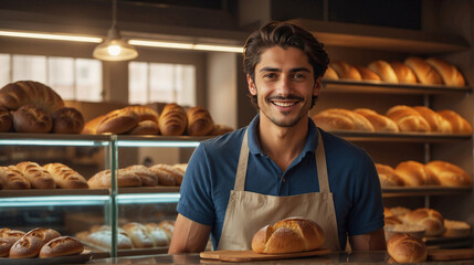 smiling man baker or seller of bread with chef´s hat and with apron, photorealistic illustration of bakery and pastry shop