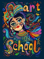 A colorful, whimsical illustration of a female figure with the words "Art School" incorporated into the design