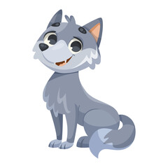 Cute cartoon wolf with gray fur, sitting happily on a white background. Vector illustration