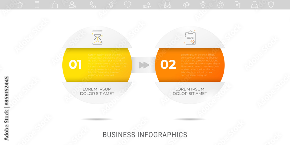 Poster business vector infographics with two circles and arrows. timeline visualization with 2 steps for di