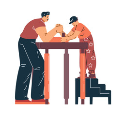 Vector illustration depicting a tense arm wrestling training match: an athlete competes with a boy