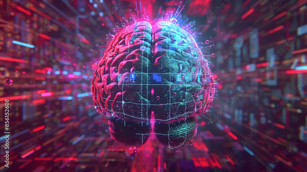 Poster futuristic digital brain with vibrant neon lights. represents artificial intelligence, technology, a