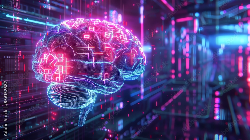 Poster futuristic digital brain with neon lights in a virtual data network, representing artificial intelli