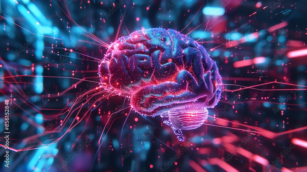 Poster futuristic digital rendering of a human brain with neural networks and cybernetic elements, symboliz