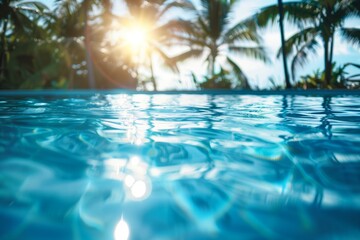 Blue water surface of a swimming pool on a sunny day with palm trees in the background. Summer holiday in a luxury hotel. AI generative