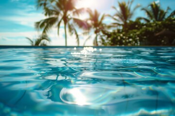 Blue water surface of a swimming pool on a sunny day with palm trees in the background. Summer holiday in a luxury hotel. AI generative