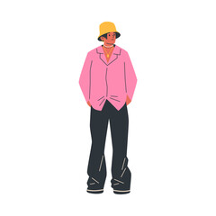 Young person vector Y2K fashion, glamour POP 00s stylish teenager clothes, pink shirt, wide trousers, panama hat jewelry