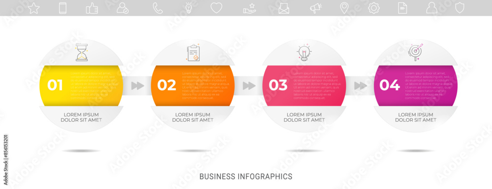Poster business vector infographics with four circles and arrows. timeline visualization with 4 steps for d