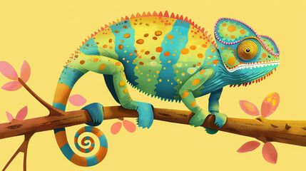 Obraz premium I imagine an image of a colorful chameleon on a branch against a white background