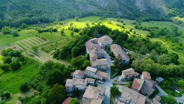 Aerial view of the medieval village of Bergogno of the Reggio Emilia Apennines