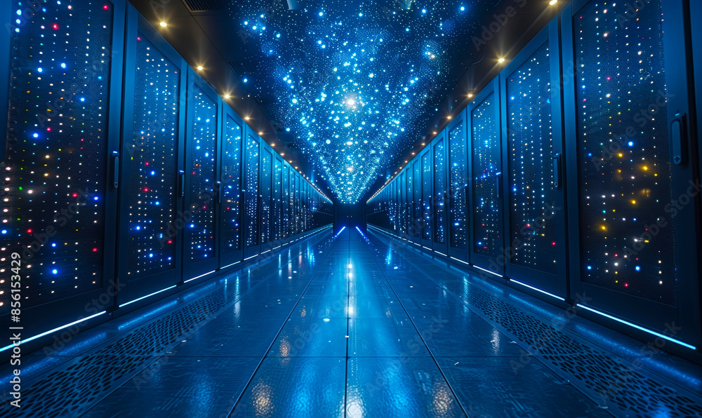 Poster futuristic data center corridor with glowing rack servers and supercomputers for high-speed internet
