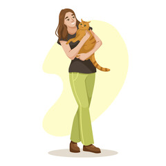 Illustration of a woman holding an orange cat, standing on a light background. Concept of companionship. Vector illustration