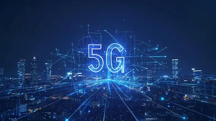 A visual representation of 5G wireless networks, high-speed internet, cloud computing, connectivity diagrams, data storage, services, synchronization, online activities, financial operations.