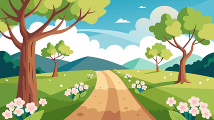 A dirt road winds through a picturesque landscape, lined with towering trees and adorned with white flowers vector illustration 
