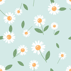 Seamless pattern of daisy flower with green leaves on green background vector. Cute floral print.