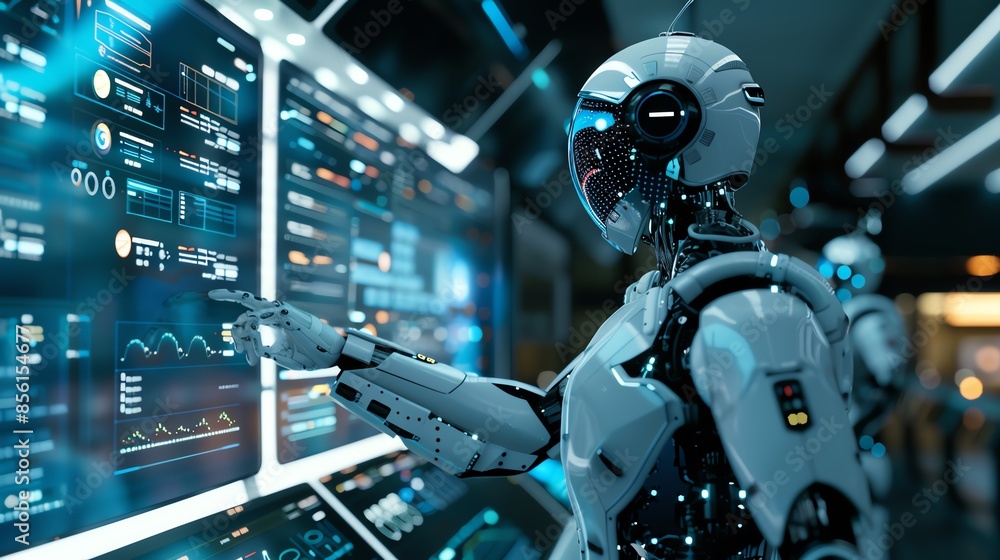 Poster futuristic robot analyzing data on a digital screen, showcasing advanced artificial intelligence tec