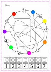 A maze with colorful geometric shapes. Find it and write it down. Kids training. A sheet for...