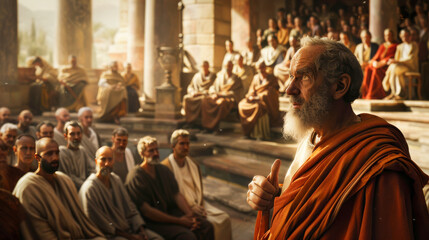 Ancient philosophers speaking to audience in a historical setting