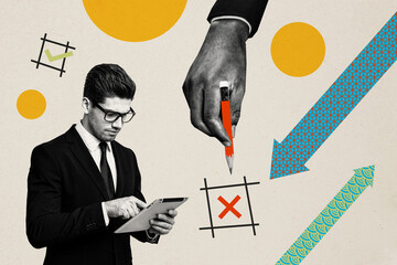 Composite photo collage of serious businessman surf ipad choose option correct rejection hand draw...