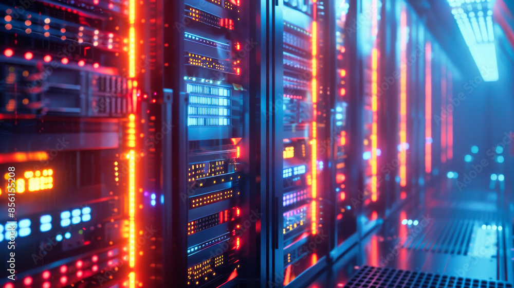 Poster data center with a row of computer servers. abstract generic concept of cyberspace, communication an