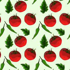Seamless pattern, background with ripe tomatoes and green chilies. Jalapena. Hand drawn doodle style. For textiles, illustrations, packaging paper, printing about natural vitamins and healthy eating