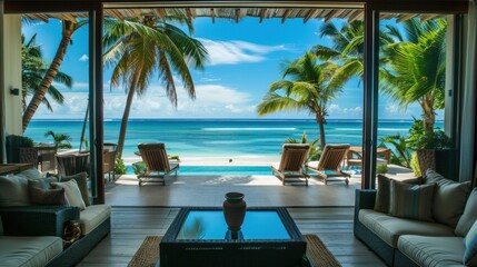 photo of a hotel room with a view of the ocean with palm trees and the beach.