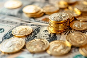 golden coins on the background of one hundred dollar bills close-up