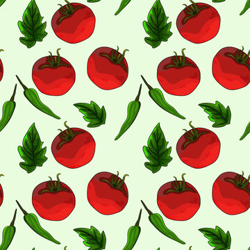 Seamless pattern, background with ripe tomatoes and green chilies. Jalapena. Hand drawn doodle style. For textiles, illustrations, packaging paper, printing about natural vitamins and healthy eating