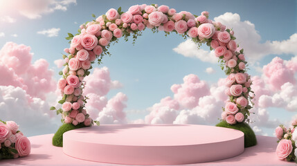 Podium background flower rose product pink 3d spring table beauty stand display nature white. Garden rose floral summer background podium cosmetic valentine Easter field scene gift purple day romantic