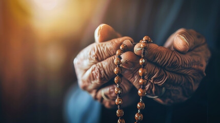 The hands of an old catholic monk praying, holding a rosary