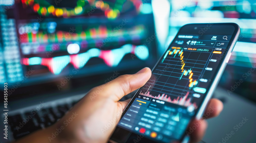 Poster a hand holding a mobile phone displaying a trading graph and stock market data