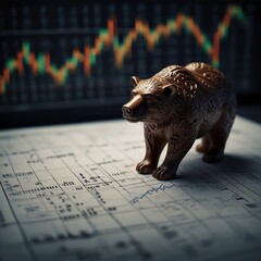 This image captures the essence of a bear market with a trading chart on a screen, paperwork, and a wooden bear toy on a wooden surface, symbolizing market downturn and caution in trading.