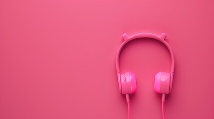 Pink earphones on a pink backdrop in a flat lay composition