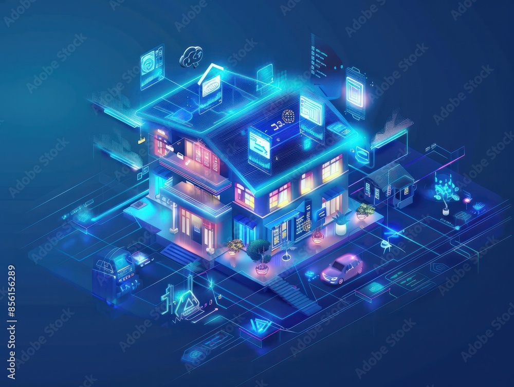 Poster smart home technology conceptual banner. building consists digits and connected with icons of domest