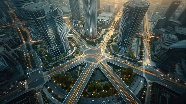 Business Park, Business Super Hub. Extreme Aerial view to see clear weaving pedestrian crossings between tower, podium, landscape. a few office tower with angular shape. Generative AI.