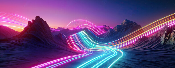 Surreal landscape: rocky mountains and neon curvy colorful lines in motion. Flowing energy concept. Glowing trajectory path data flow concept