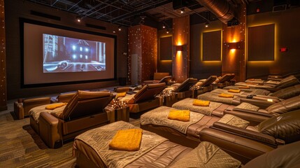 Naklejka premium A modern movie theater with reclining seats and a large screen playing a film. The theater is decorated with warm lighting and features comfortable seating for a relaxing movie experience.