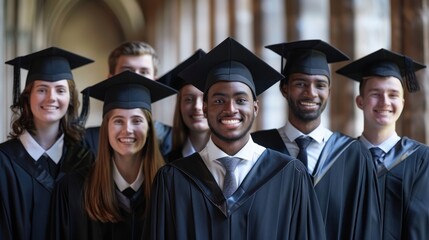 Obraz premium A group of university students wearing their graduation caps and gowns, captured in individual headshots against a classic academic backdrop, radiating pride and accomplishment. 