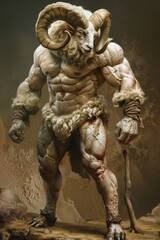 Horned man with long hair, goat's head Stands before stone wall Hands clasped behind back
