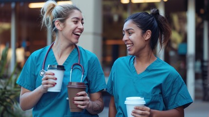 Two nurses in blue scrubs chat outdoors on break