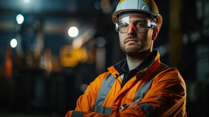 A confident engineer, captured in a professional headshot, wearing safety gear and standing against an industrial backdrop, symbolizing expertise and dedication to their craft. 