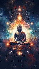 Abstract representation of Buddha in meditation, cosmic background with stars and nebulae, symbolizing enlightenment and the universe.