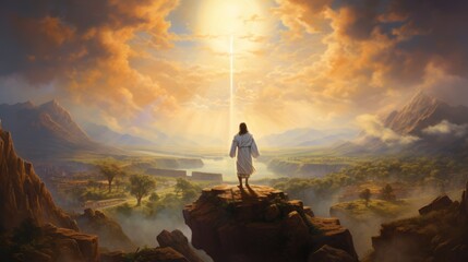 Artistic portrayal of Jesus Christ's resurrection, vibrant light from heaven, serene landscape, profound Easter imagery