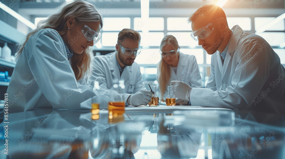Poster Scientists in a modern laboratory studying and testing paintbrushes. And five people around a table. Generative AI.