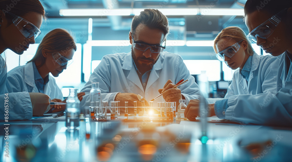 Poster scientists in a modern laboratory studying and testing paintbrushes. and five people around a table.