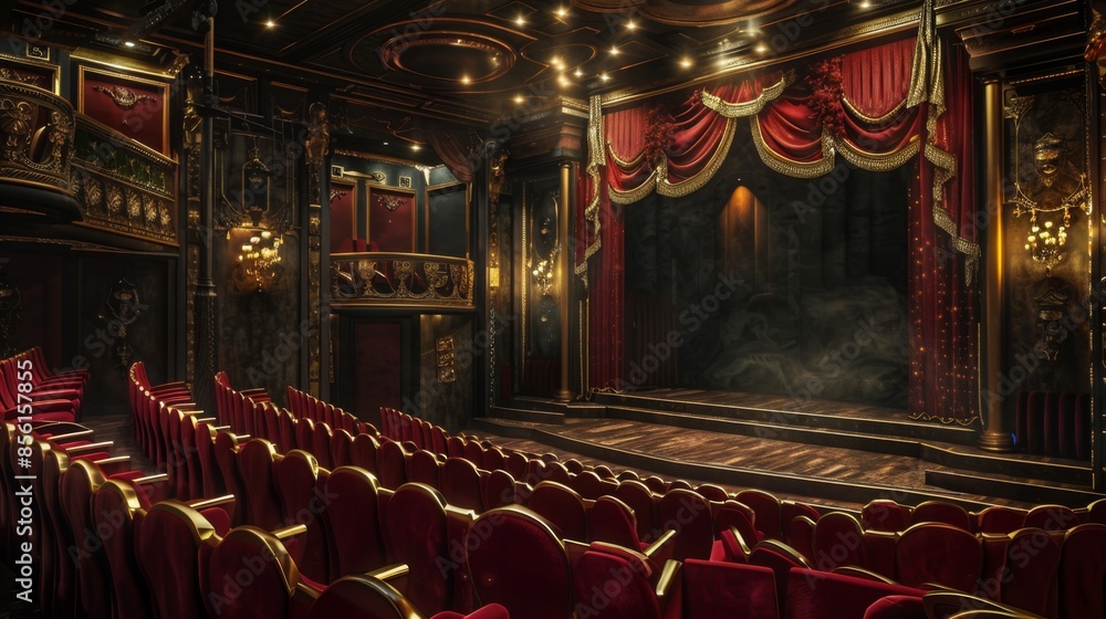 Aufkleber a view of an empty theater with red velvet seats and a stage draped in red curtains, ready for a per
