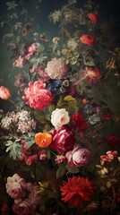 Beautiful fantasy wallpaper featuring diverse vintage flowers, lush illustrations, deep velvety colors, old-world charm