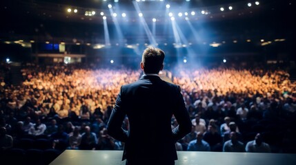 Obraz premium Back view of a motivational speaker on stage, addressing a large business audience, spotlight on speaker, expansive conference hall