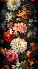 Beautiful fantasy wallpaper featuring diverse vintage flowers, lush illustrations, deep velvety colors, old-world charm